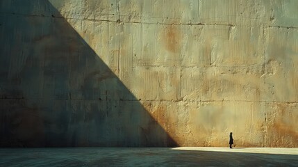 A person standing in the shadow of an immense, ancient wall, their small figure juxtaposed against the expanse, symbolizing the weight of sorrow and history.