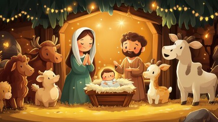 Cartoon of the Virgin Mary and Joseph by baby Jesus in the manger, surrounded by animals in a warm nativity scene