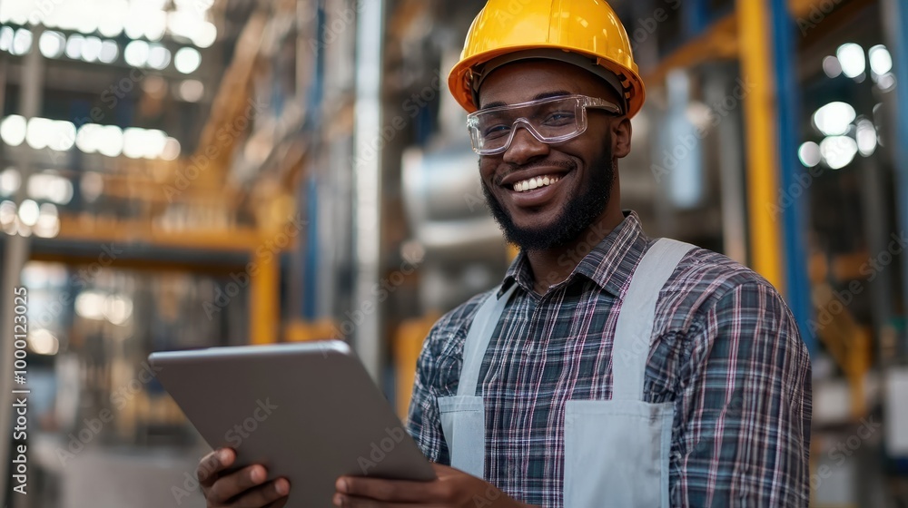 Aufkleber smiling engineer using tablet in industrial facility generative ai image