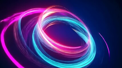 Mesmerizing neon light trails in vivid pink and blue form circular patterns against a dark background. The dynamic motion suggests energy and vibrant nightlife. Originating from a digital background,