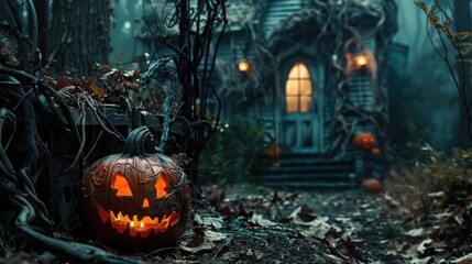 Spooky Halloween Pumpkin in a Forest