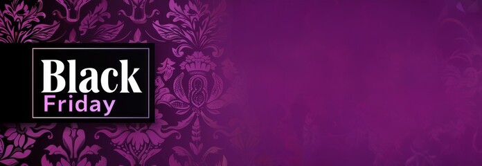 Elegant Black Friday Banner with Black Friday Text on Purple Ornate Background. Concept of Holiday Shopping, Seasonal Discounts, and Retail Sales. Copy space