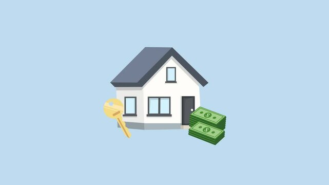 House symbol appearing with a key in the left corner and a cash stack in the right. Buying or selling a house. Blue background and pink screen background.
