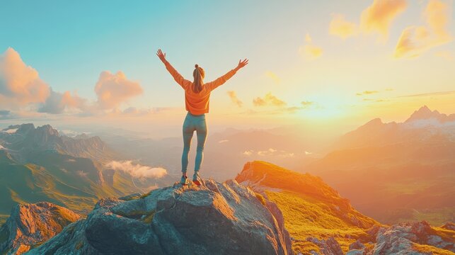Successful woman joy when reaches to her objective. Woman jump on top of the mountain with arms open to a welcoming new day with sunrise, Generative AI