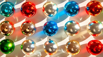 Vibrant Colorful Christmas Baubles Arranged in a Festive Flat Lay. Concept of Holiday Spirit, Seasonal Decorations, Festive Ornamentation. Background