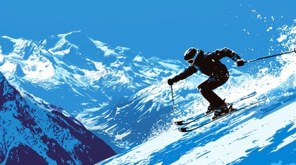 Grunge Style Illustration of a Skier Mid-Jump. Concept of winter adventure, thrilling sports, mountain exploration. Copy space