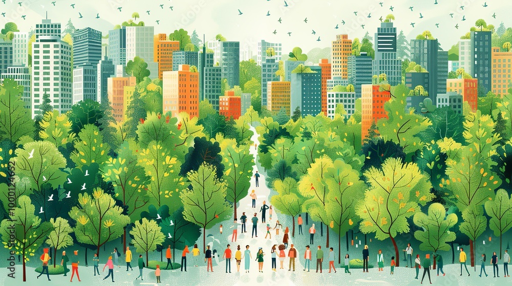 Wall mural Realistic image depicting the connection between sustainable development health and resource management in the context of overpopulation and environmental justice. high resolution Illustration, in