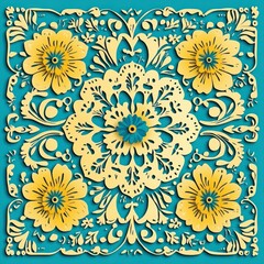Turquoise Mexican Papel Picado Vector Template with Floral & Geometric Designs