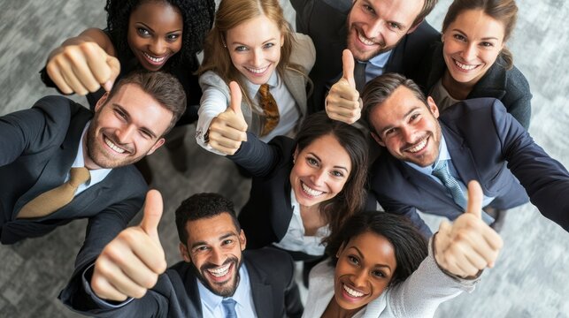 Thumbs up from a happy business team excited about the success they achieve together at work. Overhead view diverse group of corporate people excited by success and give approval to winning