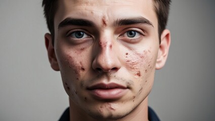 Obraz premium Close-up image of a young person’s face showing visible acne and blemishes on the cheeks and forehead, with a soft-focus background to emphasize the skin texture and imperfections,
