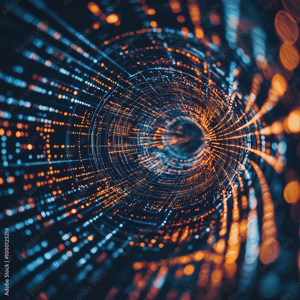 Poster abstract visualization of digital data flow in a futuristic tunnel with vibrant glowing lines and li
