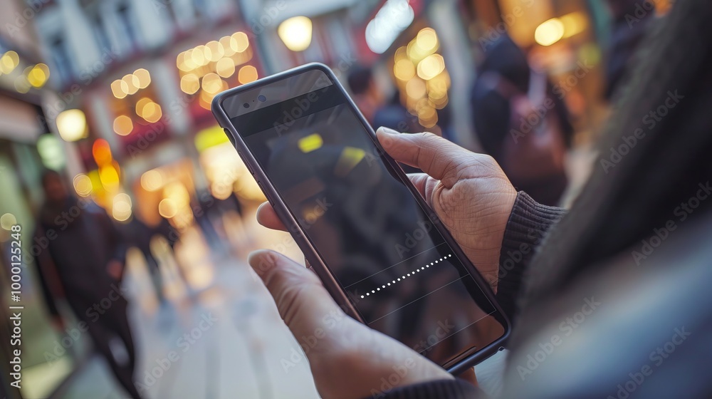 Poster man using smartphone with blank screen in bustling urban area, store with illuminated background. co