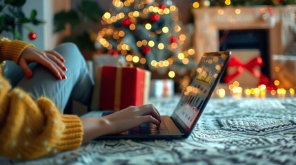 Cozy scene, woman typing on laptop at home during Christmas. Girl is ordering Christmas gifts online for her loved ones. Concept of holiday ambiance, festive decorations, e-commerce, online shopping