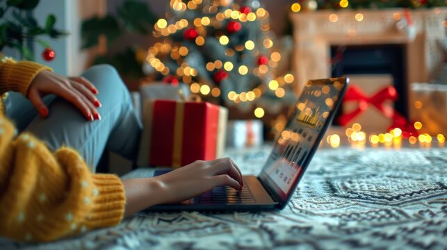 Cozy scene, woman typing on laptop at home during Christmas. Girl is ordering Christmas gifts online for her loved ones. Concept of holiday ambiance, festive decorations, e-commerce, online shopping