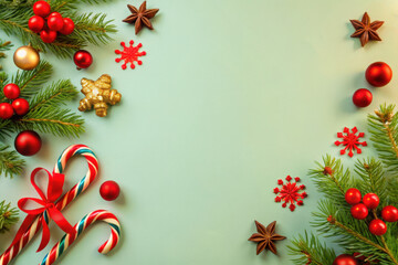 Festive Christmas decorations featuring candy canes, ornaments, and pine branches on a mint green background. Generative AI