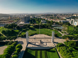 AERIAL View of Eduardo VII park with labyrinth in Lisbon, Portugal 
