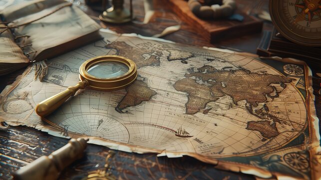 A vintage world map spread out on a table, with a compass and magnifying glass on top, representing the age-old desire to explore and understand the globe.