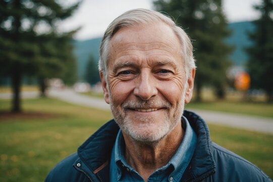 Close portrait of a smiling senior Canadian man looking at the camera, Canadian outdoors blurred background