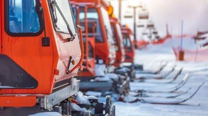 Line of Red Snow Plows in Ski Resort Maintenance Area on a Sunny Winter Day. Concept of winter sports, mountain resort, winter maintenance equipment
