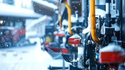 Fototapeta premium Cutting-edge Ski Resort Maintenance Area in Winter Snow. Concept of winter sports infrastructure, ski resort technology, snow grooming operations