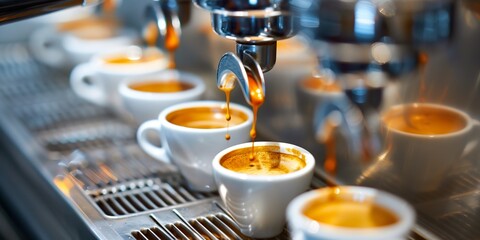 Row of espresso cups being filled by professional coffee machine in a cozy cafe setting