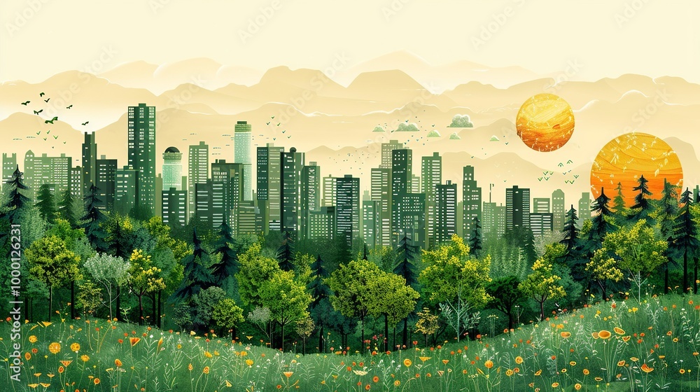 Wall mural Image depicting the effects of urban sprawl on natural resources and public health with a focus on the need for sustainable practices and environmental justice. high resolution Illustration, in the