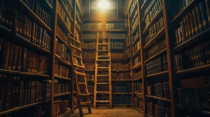 An ancient library with towering bookshelves, a ladder leaning against one shelf, and a single beam of light illuminating a dusty tome, representing the endless quest for knowledge.