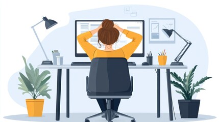 A young girl sits at a desk, visibly overwhelmed and stressed, facing her computer.