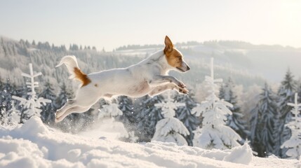 Jack Russell Terrier Jumping Through Snowy Landscape. Concept of Canine Agility, Winter Adventure, Pet Joy, Cute Dog