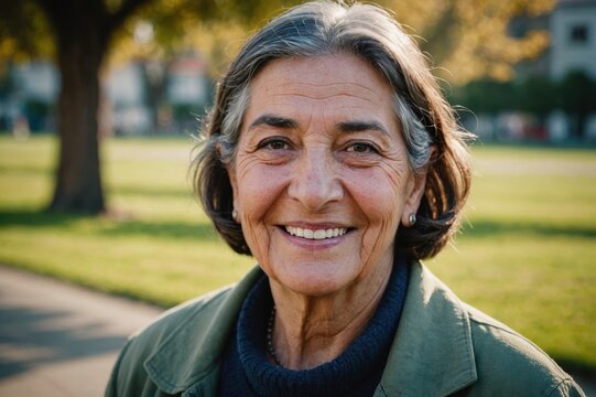 Close portrait of a smiling senior Chilean woman looking at the camera, Chilean outdoors blurred background