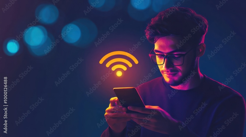 Canvas Prints Wifi internet access concept. man using smartphone connect communication, social network, business contact, online shopping via internet wifi hotspot high speed. Fast internet wifi hotspot sharing.