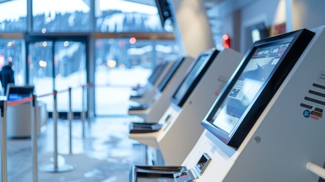 Modern ski resort ticket booth with rows of self-service kiosks in a snowy winter wonderland. Concept of convenient travel, high-tech vacations, winter adventures