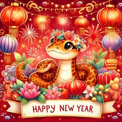 Fototapeta premium a poster with a snake on it that says happy new year.
