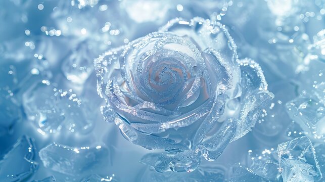 Frozen blue ice rose with delicate crystalline petals surrounded by scattered ice shards. Concept of winter, frozen beauty, nature art, cold elegance, and seasonal decorations