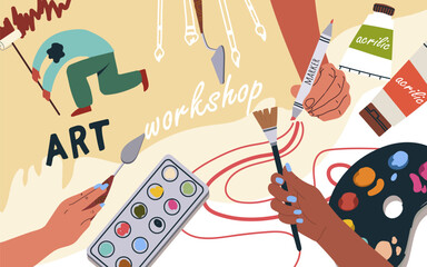 Collage art workshop collage art, vector flat illustration, background. Hand drawing background, design, template, layout. © Natalia