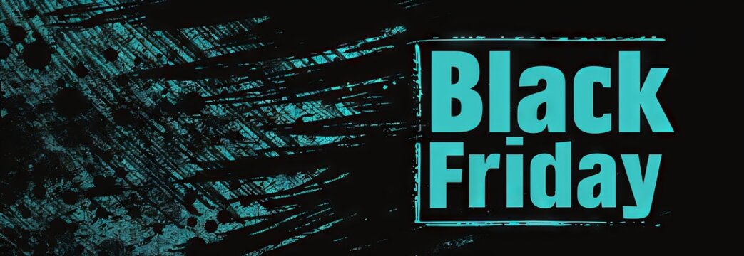 Neon Blue Green Black Friday Wide Banner with Dynamic Grunge Background Elements. Concept of Major Sales Event, Shopping Extravaganza, Retail Discounts