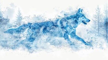 Watercolor illustration of a wolf running through a snowy forest. Concept of wildlife, nature, winter landscape, and animal movement