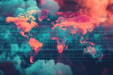 World Map with Neon Grid and Clouds