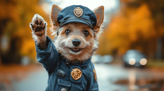 Cute dog dressed as a police officer, raising a paw to stop traffic in a friendly, neighborhood setting