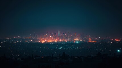 The glow of a city skyline at night, seen from afar, shining like a beacon against the backdrop of the surrounding darkness.