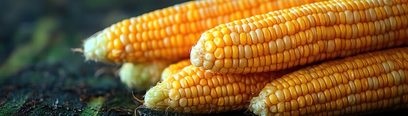 Golden corn cobs stacked, showcasing their fresh kernels and husks