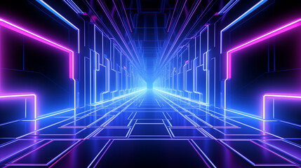 Fototapeta premium 3D abstract background with neon lights. neon tunnel .space construction