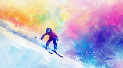 Watercolor illustration of a skier descending a snowy mountain slope against a pastel landscape background. Concept of winter sports, skiing adventure, outdoor activity, nature exploration