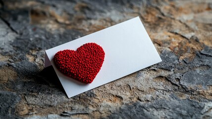 A heartfelt card with a red heart shape on a rustic stone surface.