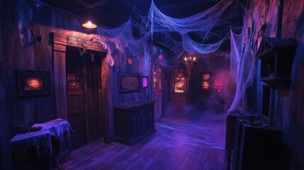 Escape the Haunted House: Creepy Setting with Eerie Lighting, Cobwebs, and Horror Props