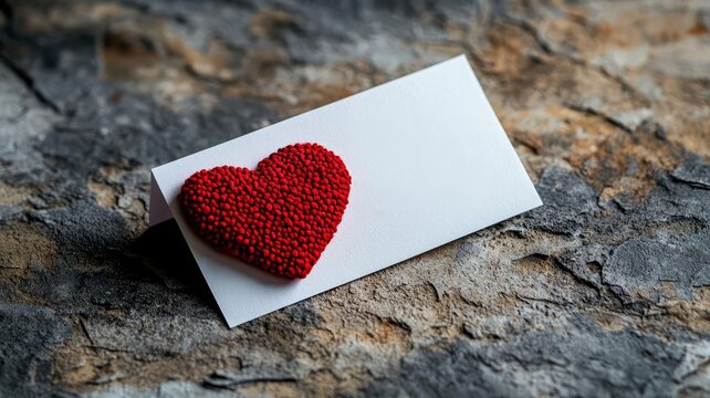 A heartfelt card with a red heart shape on a rustic stone surface.