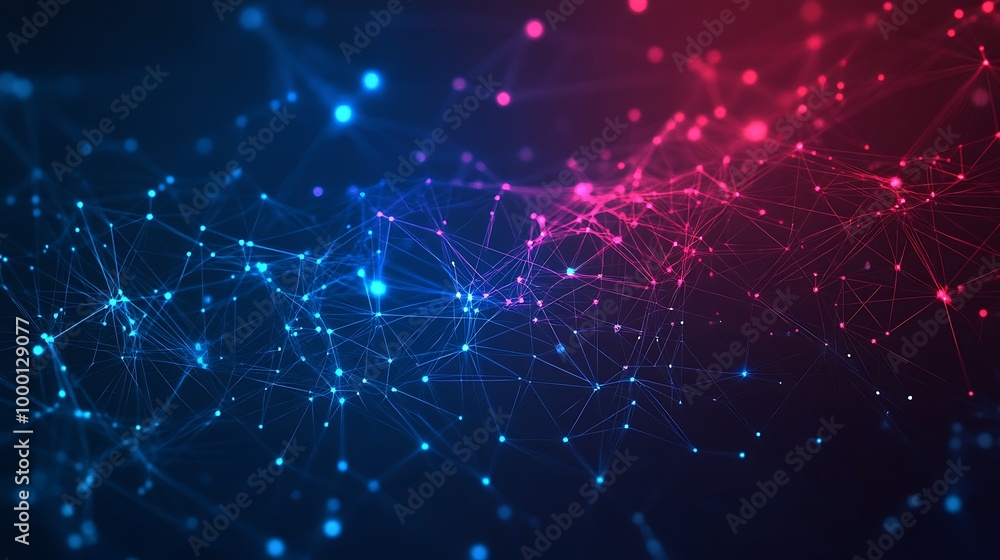 Poster abstract digital network with glowing lines and dots in blue and red color.