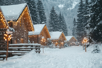 Fototapeta premium Winter village covered in snow, with cozy wooden cabins adorned in glowing lights