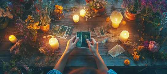Esoterics, tarot cards and magic crystals and stones. Astrology. Predictions makes predictions of fate, tarot cards, fortune telling on tarot cards, magic crystal, occultism, esoteric background. 