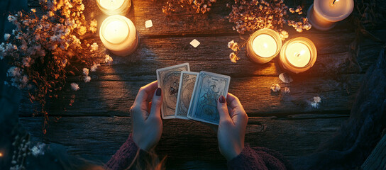 Esoterics, tarot cards and magic crystals and stones. Astrology. Predictions makes predictions of fate, tarot cards, fortune telling on tarot cards, magic crystal, occultism, esoteric background. 
